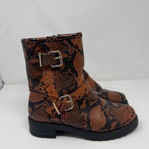 Asos Design Womens Snake Print Buckle Moto Boots Brown Black Chunky‎ Heel Size 8